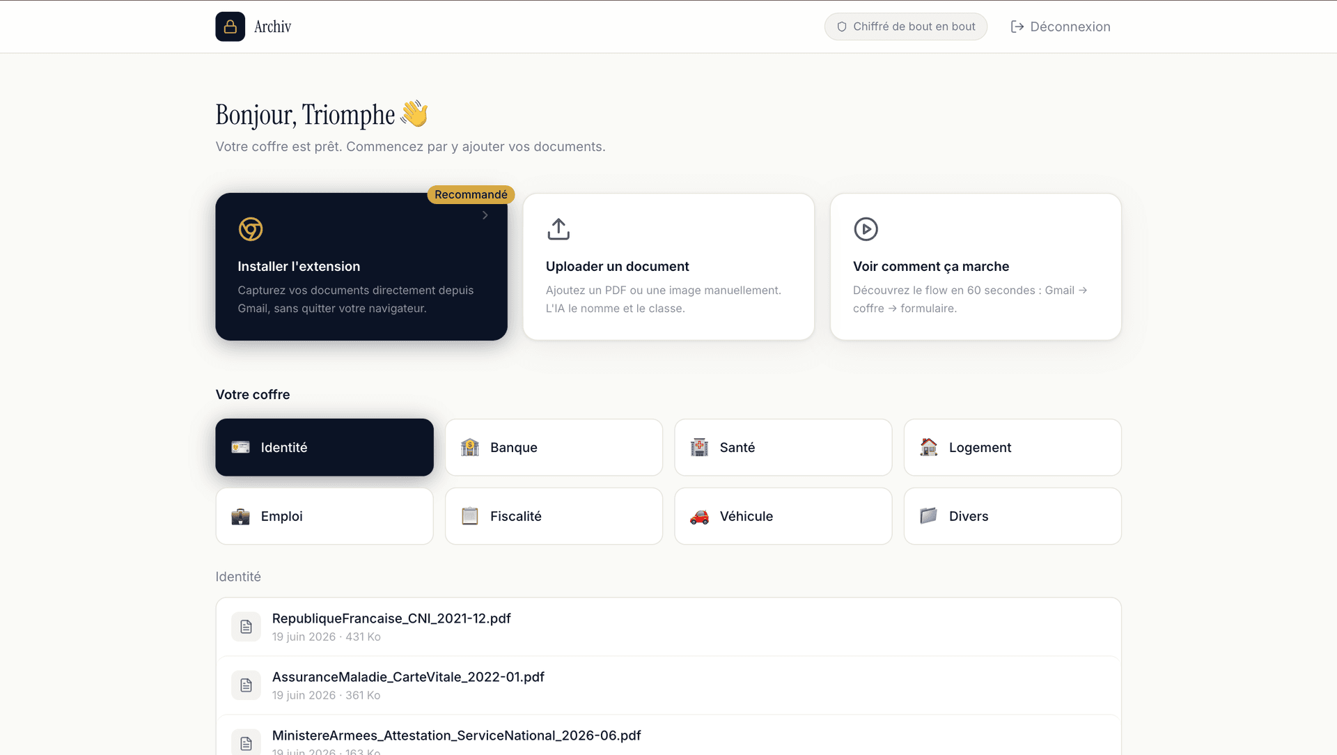 Coffre Archiv — dossier Identité avec documents classés